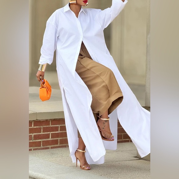 Passion of Essence Tops - M-slit Hem Button Up Long Blouse